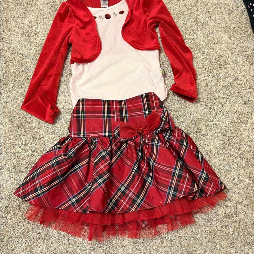 Stylish Red Plaid Kids Skirt with Bow and White With Attached Red Long Sleeves.